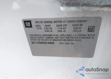 2016 Chevrolet Impala 2Lt z USA, uszkodzony, nr VIN 2G1115S3XG9144928